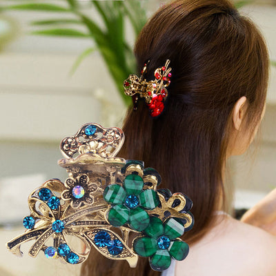 Decorative hair clip with gemstones in a person's hair