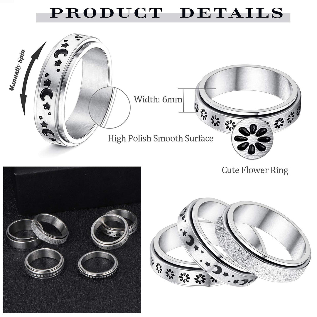 Silver rings with floral designs and text related o its materials on a white background