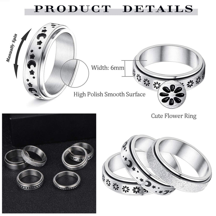 Silver rings with floral designs and text related o its materials on a white background