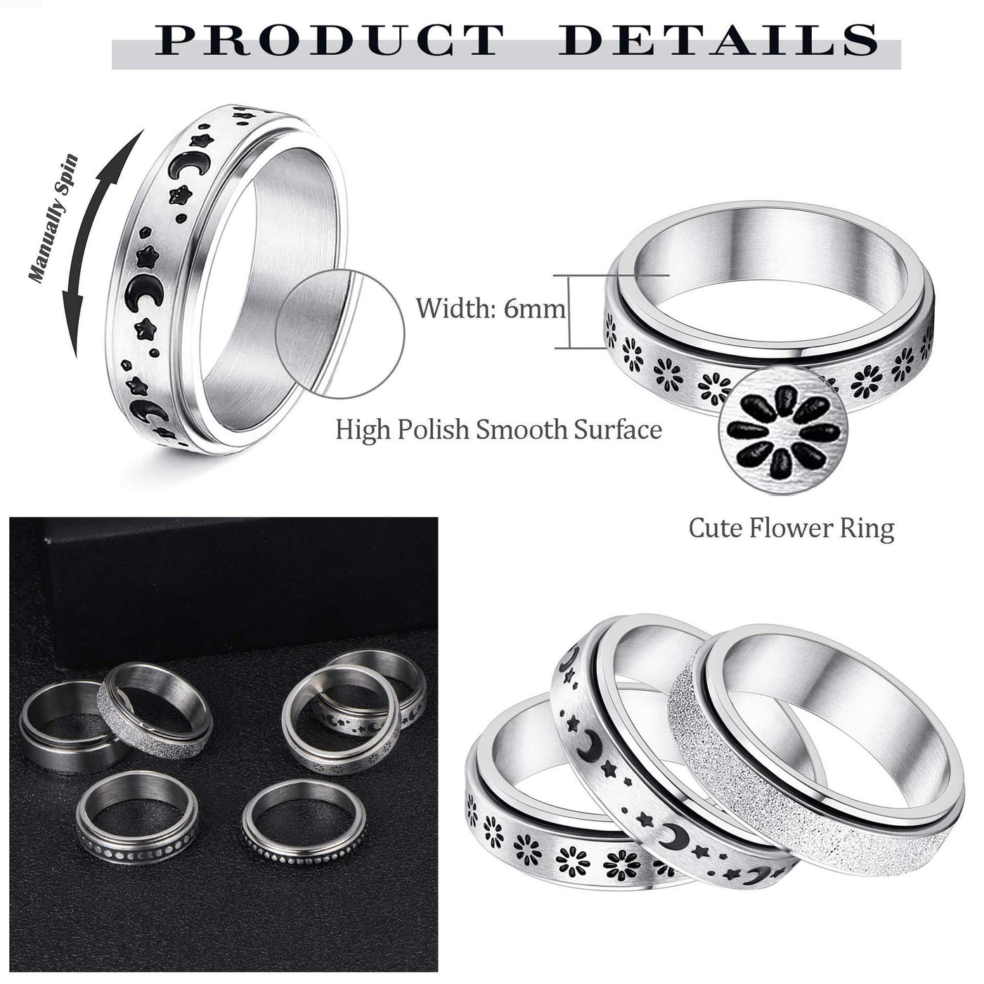 Silver rings with floral designs and text related o its materials on a white background