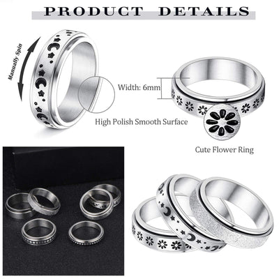 Silver rings with floral designs and text related o its materials on a white background
