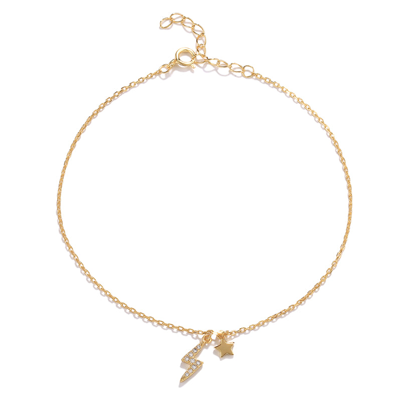 925 sterling silver gold plated dangling lightning star anklet with cubic zirconia charms