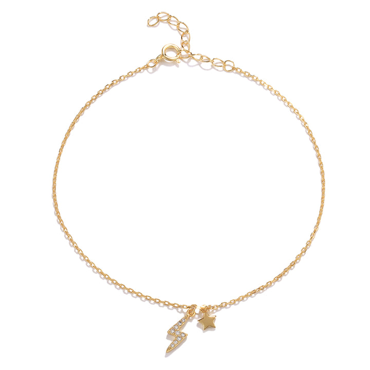 925 sterling silver gold plated dangling lightning star anklet with cubic zirconia charms