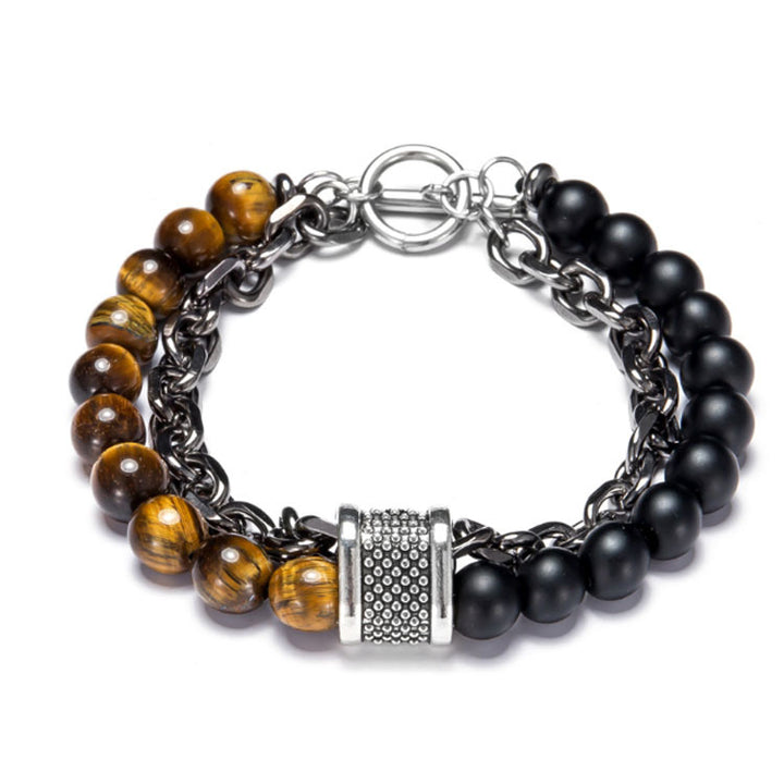 Bracelet with black and brown beaded chain on a white background