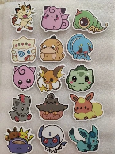 Collection of cartoon character stickers on a textured surface