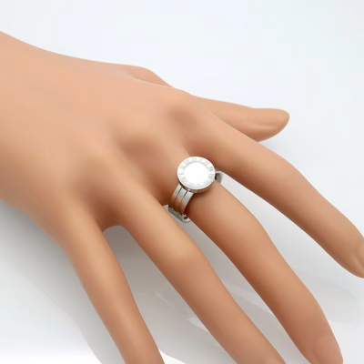 🔢 Roman Numeral Ring — Stainless Steel, Shell/Agate (US 6–10)