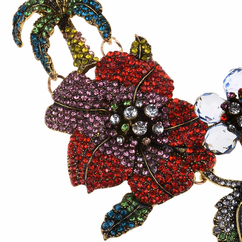 Tropical Crystal Flamingo Flower Necklace — Statement Piece