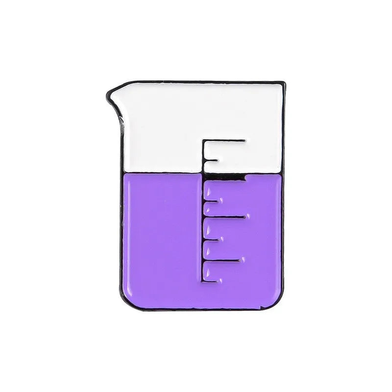 enamel pin of a Beaker with purple liquid on a white background