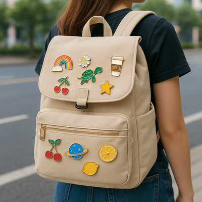 Beige backpack with colorful decorative pins worn by a person outdoors.