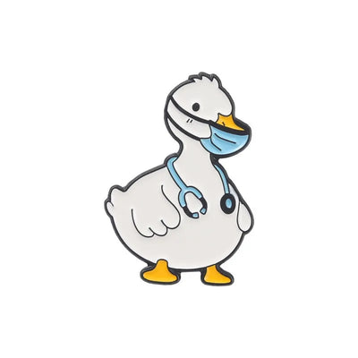 enamel pin of a Cartoon duck wearing a face mask and stethoscope on a white background