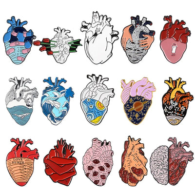 Collection of artistic heart designs enamel pins on a white background