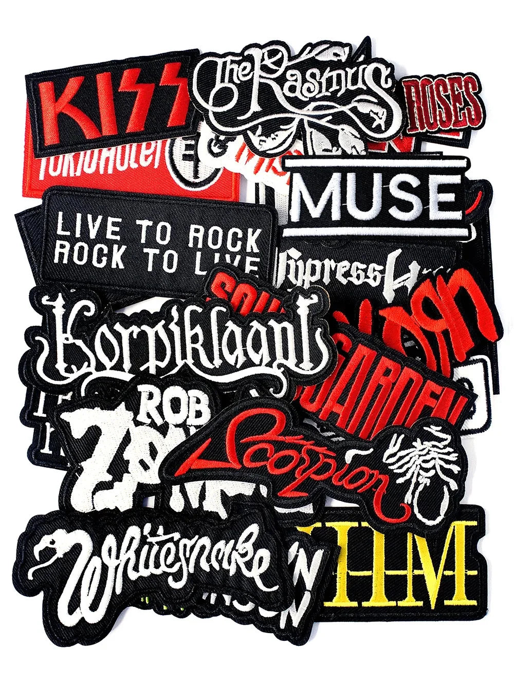 Collection of music band patches with various designs and text on a white background