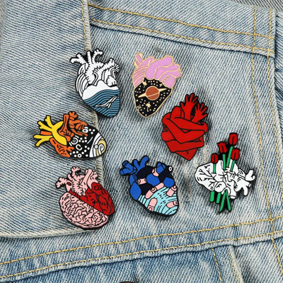 Colorful pins on a denim jacket