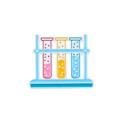 enamel pins of Colorful test tubes on a rack with pink, yellow, and blue liquids.