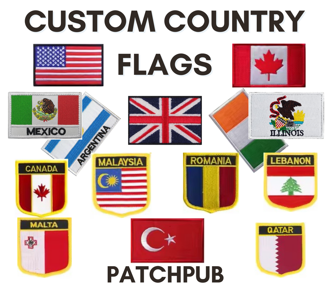 Collection of customizable country flags with text 'Iron on / Sew on Custom Country Flags' and 'Patchpub' branding.