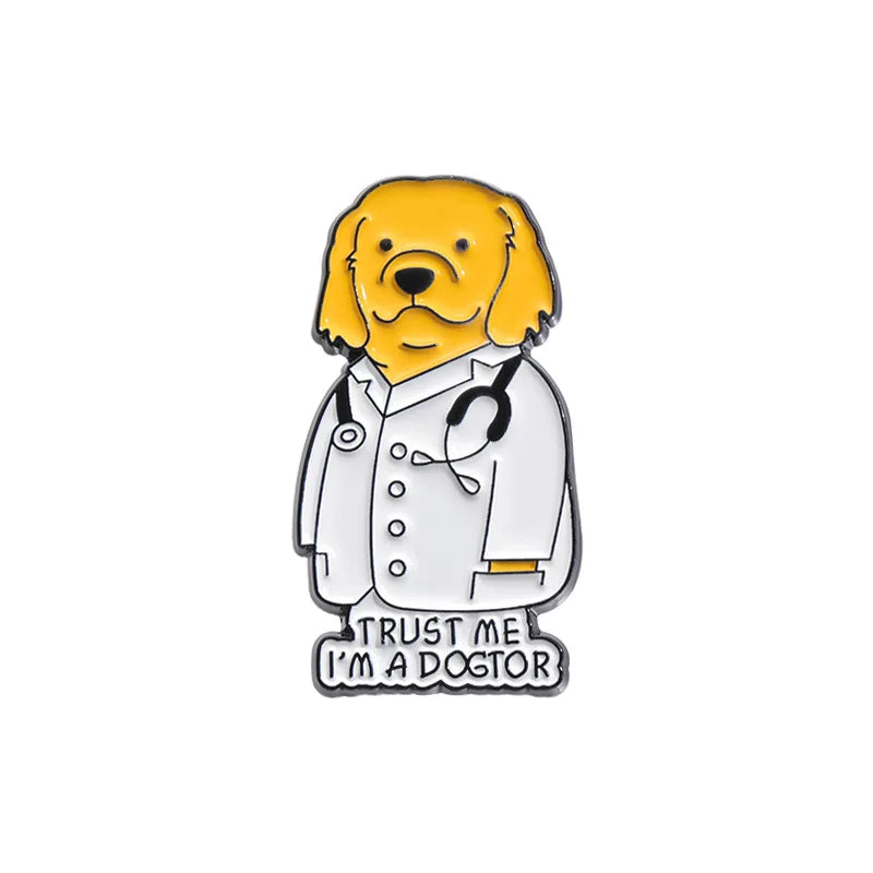 Dog-shaped badge with a doctor's outfit and stethoscope, text 'Trust me, I'm a doctor' on a white background.