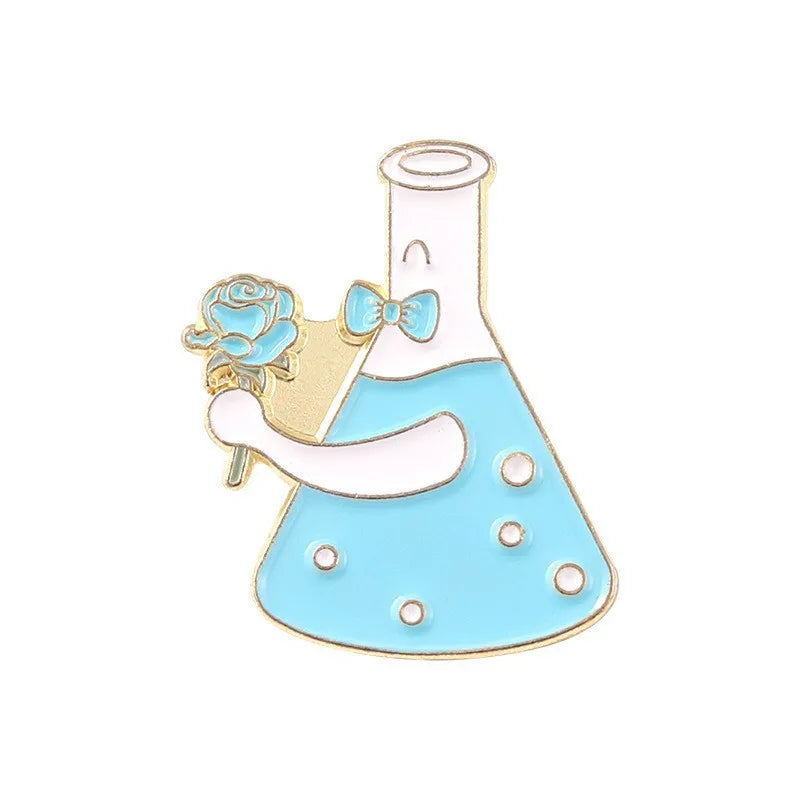 Enamel pin of a beaker with a rose and bow tie on a white background