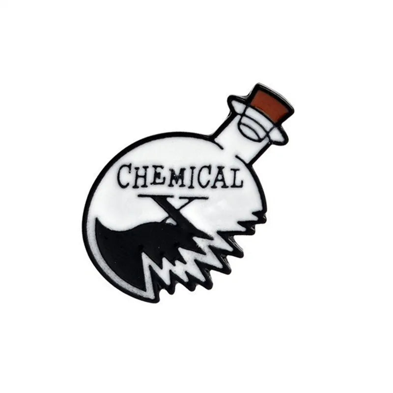 Enamel pin of a bottle labeled 'Chemical' on a white background