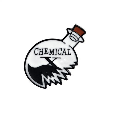 Enamel pin of a bottle labeled 'Chemical' on a white background