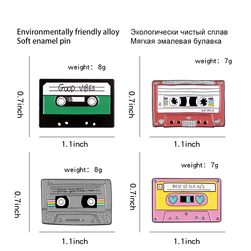 Four cassette tape-shaped pins with 'Good Vibes' and 'Best of the 80s' text, shown with dimensions and weight information.