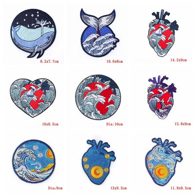 Collection of various embroidered patches with different designs and sizes on a white background.