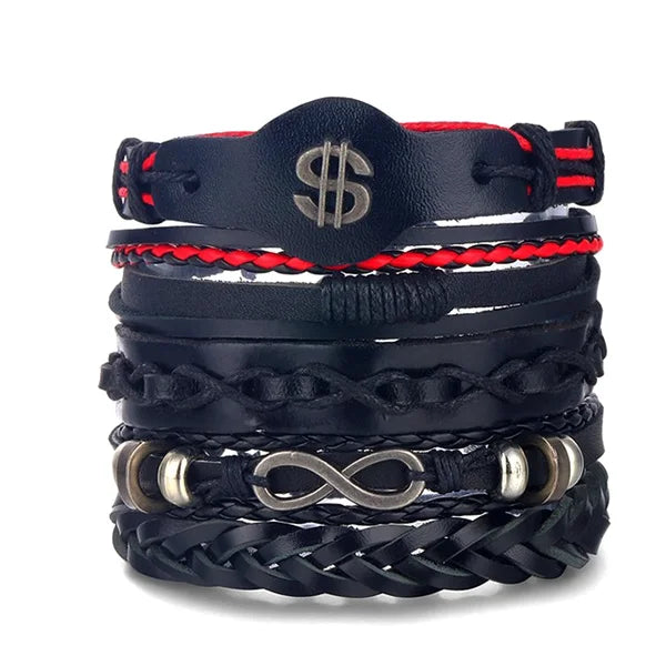 Stack of black leather bracelets with metal symbols on a white background