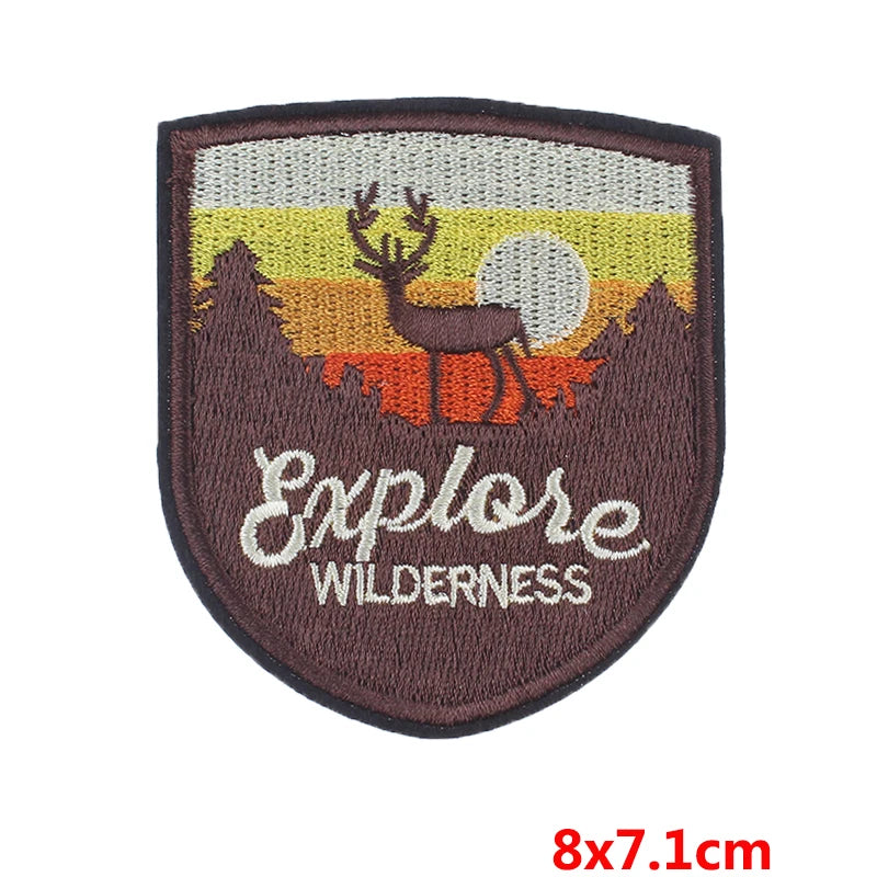 Patch with a deer design and 'Explore Wilderness' text on a white background