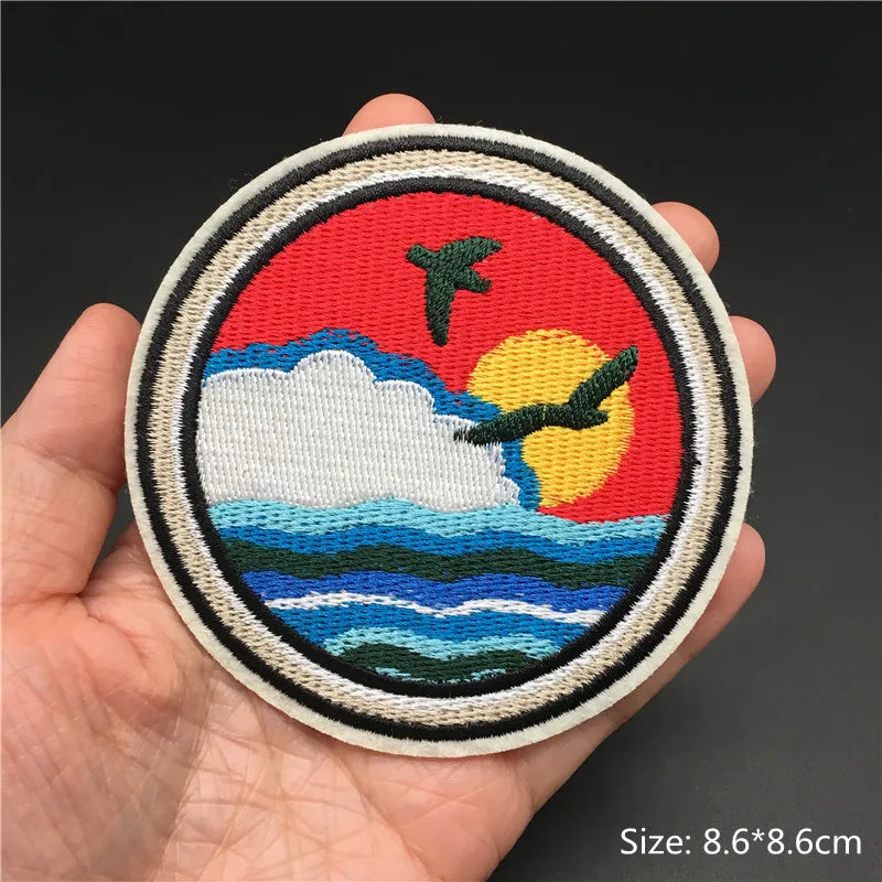 🎨Iron-On Nature & Art Patch — Van Gogh, Wave, Mushroom & Mountain Landscape Embroidered Badge