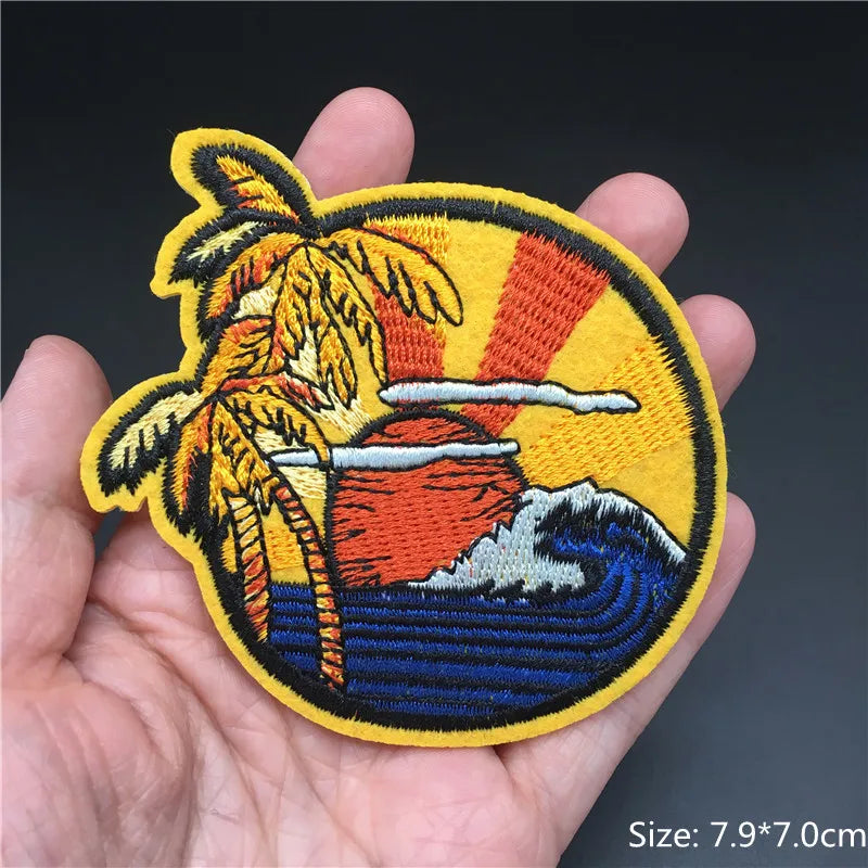 🎨Iron-On Nature & Art Patch — Van Gogh, Wave, Mushroom & Mountain Landscape Embroidered Badge