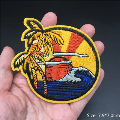 🎨Iron-On Nature & Art Patch — Van Gogh, Wave, Mushroom & Mountain Landscape Embroidered Badge