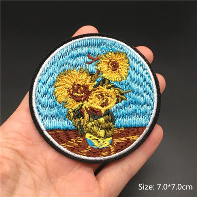 🎨Iron-On Nature & Art Patch — Van Gogh, Wave, Mushroom & Mountain Landscape Embroidered Badge