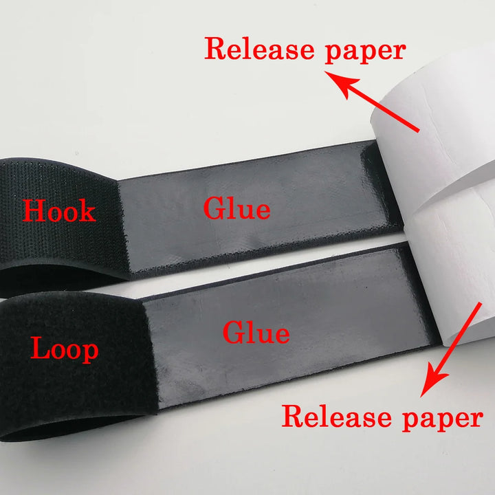 Black velcro strip with labeled parts on a white background