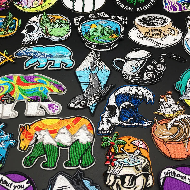 Collection of various colorful stickers on a black background