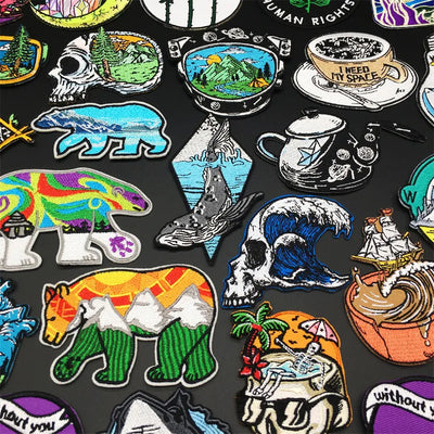 Collection of various colorful stickers on a black background