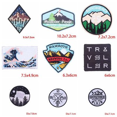 Collection of various nature-themed patches with dimensions displayed.