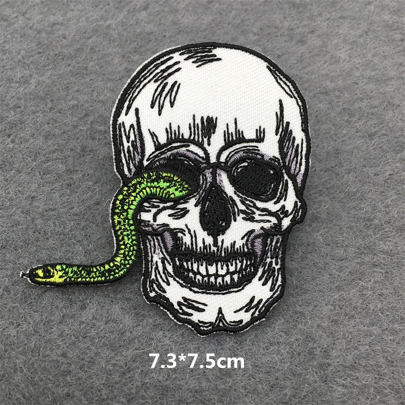 Skull with a green snake on a gray background
