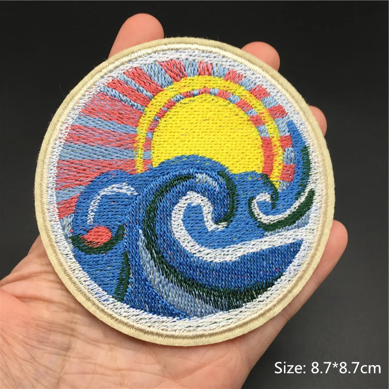 🎨Iron-On Nature & Art Patch — Van Gogh, Wave, Mushroom & Mountain Landscape Embroidered Badge