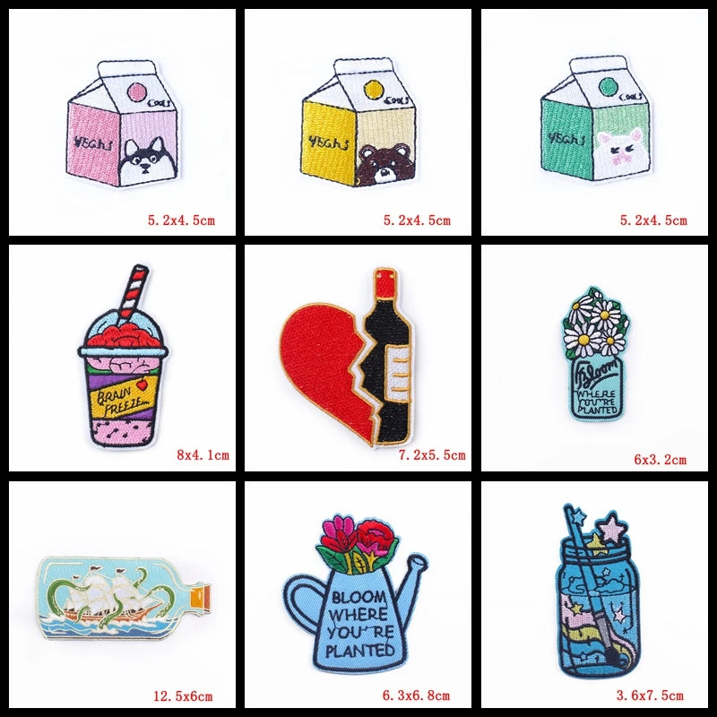 🍼 Drink Bottle & Cup Patch — Cartoon Iron-On Embroidery