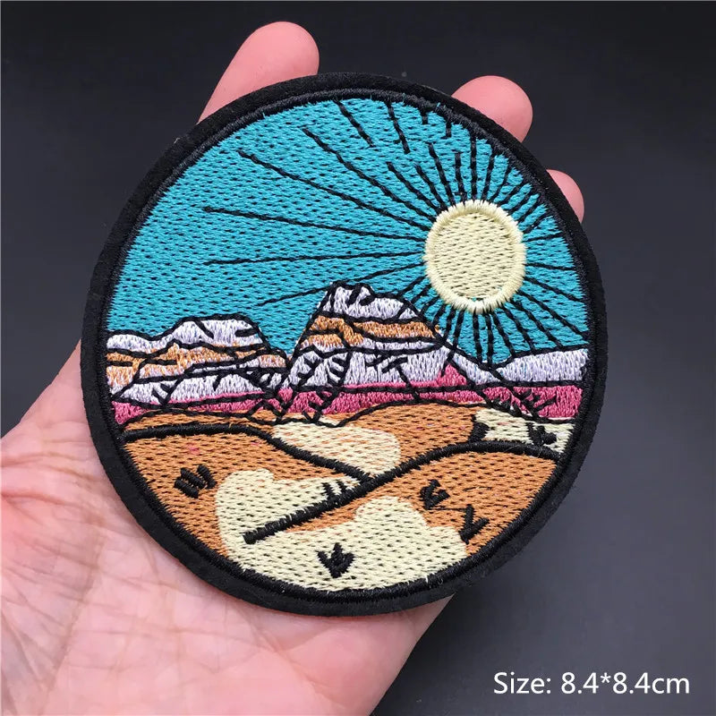 🎨Iron-On Nature & Art Patch — Van Gogh, Wave, Mushroom & Mountain Landscape Embroidered Badge