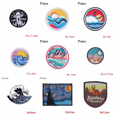 Collection of various round and square patches with different designs and sizes on a white background.