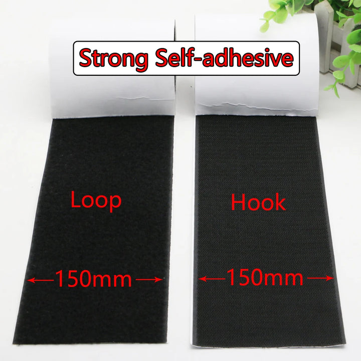 Two black adhesive strips with labels indicating &
