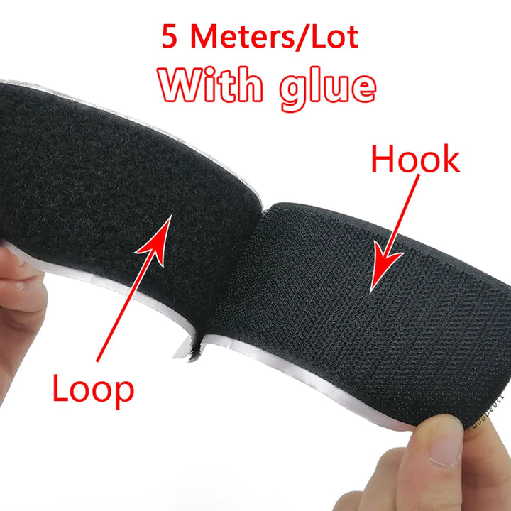 5 meter Black Velcro strip with glue, hook, and loop labeled on a white background
