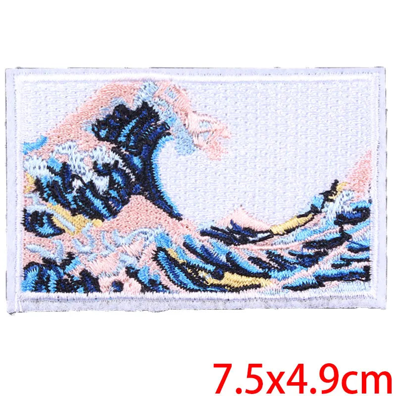 Embroidered patch with wave design on a white background