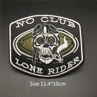 Embroidered patch with skull design and 'No Club Lone Rider' text on a dark background