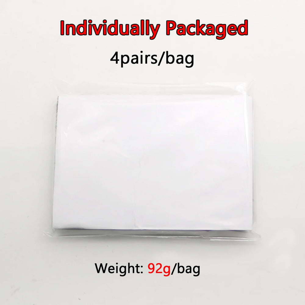 Aplastic bag contains 4 pairs of Velcro pads on  a white background.