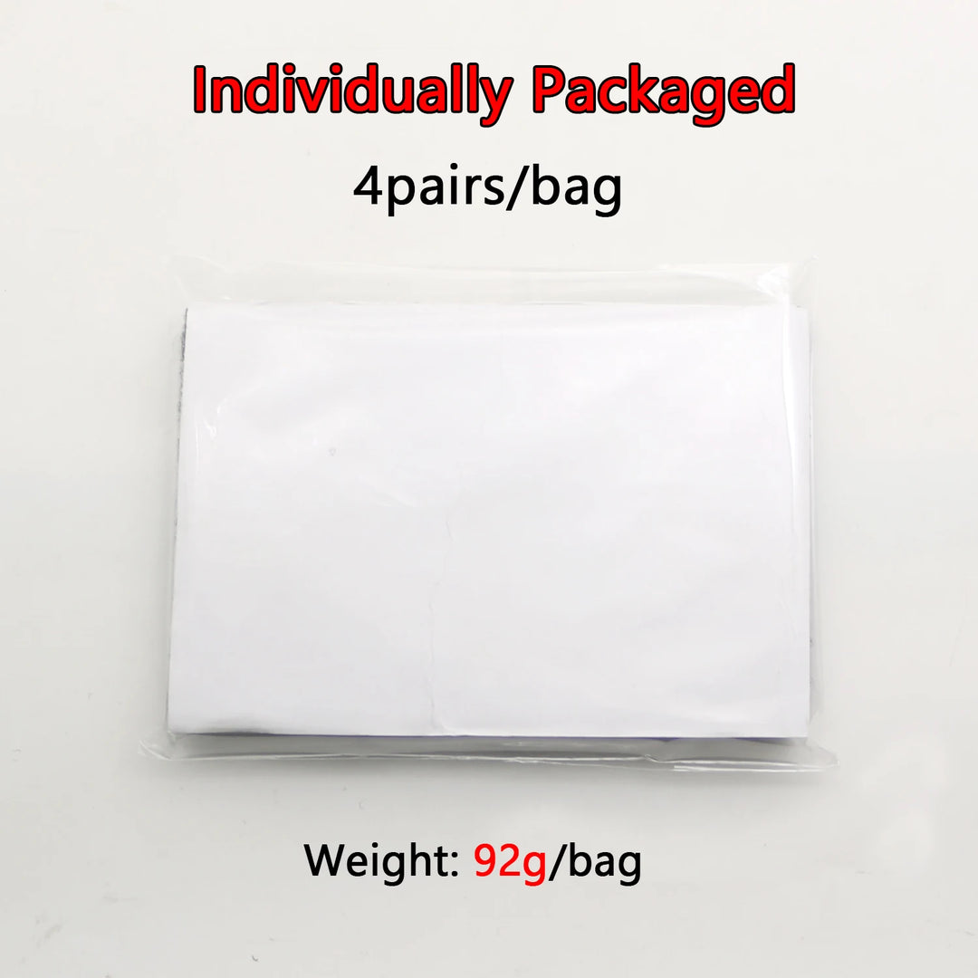 Aplastic bag contains 4 pairs of Velcro pads on  a white background.