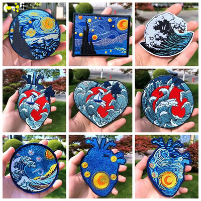 Collection of artistic patches held by hands with various designs including 'Starry Night', 'Great Wave', and 'Heart with Fish'.