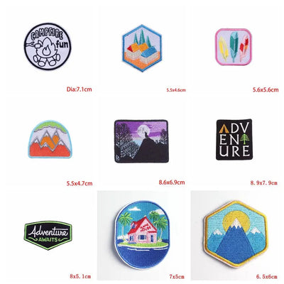 Collection of various patches with different designs and sizes on a white background.
