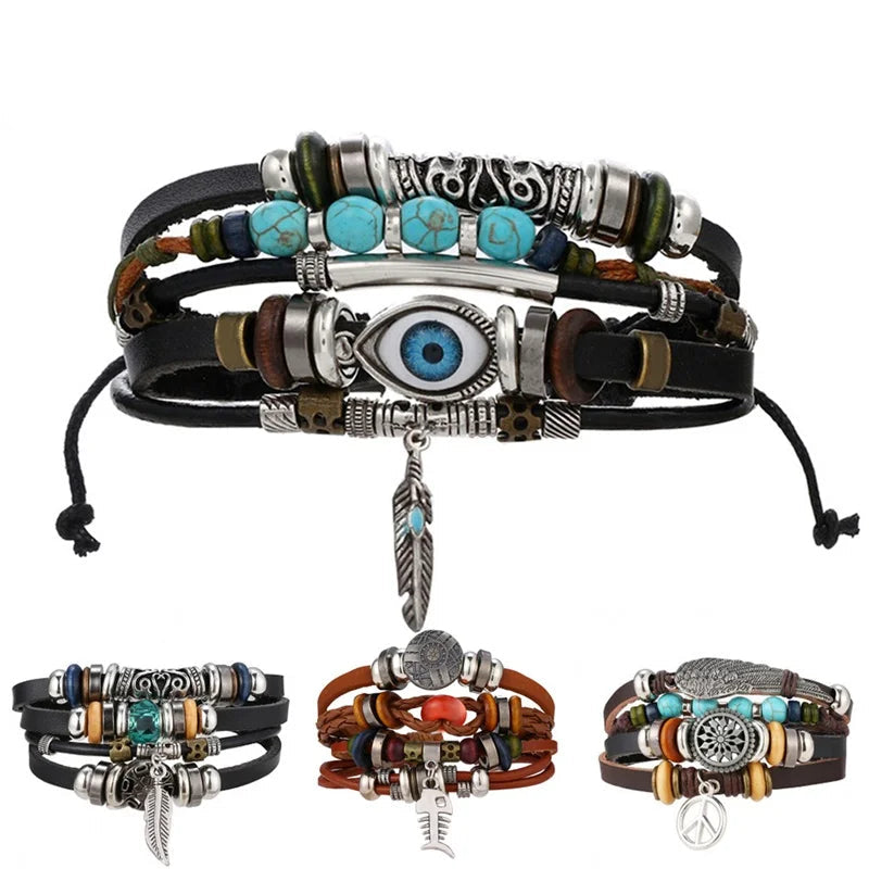 Stack of leather bracelets with various charms and beads on a white background, featuring the brand &