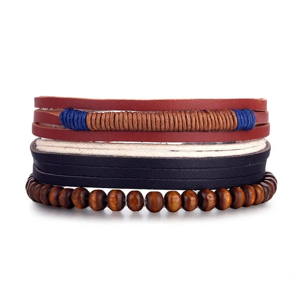Stack of leather and beaded bracelets on a white background